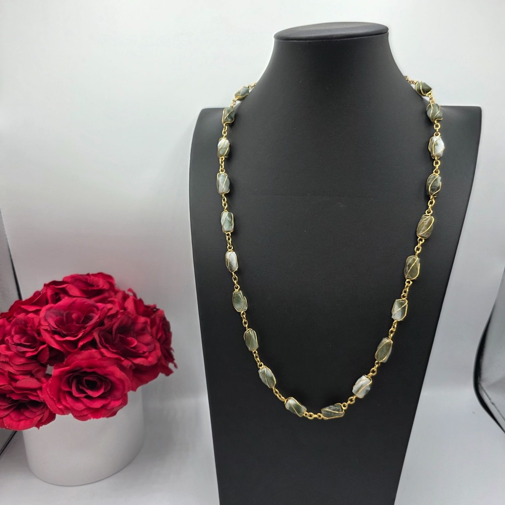 Wire Wrapped Gemstone Necklace Gold Tone Chain Labradorite Faceted Beads